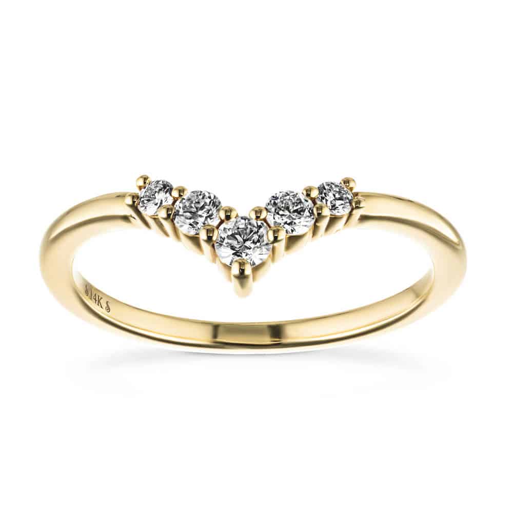 Shown in 14k Yellow Gold|Diamond V shaped wedding band with graduated accenting recycled diamond in 14k yellow gold