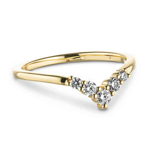 Diamond V shaped wedding band with graduated accenting recycled diamond in 14k yellow gold