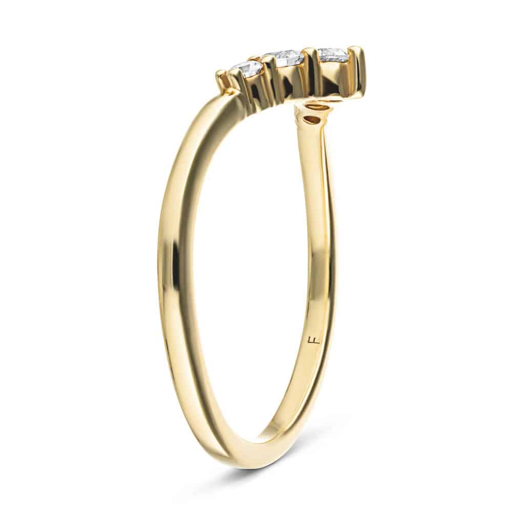 Shown in 14k Yellow Gold|Diamond V shaped wedding band with graduated accenting recycled diamond in 14k yellow gold