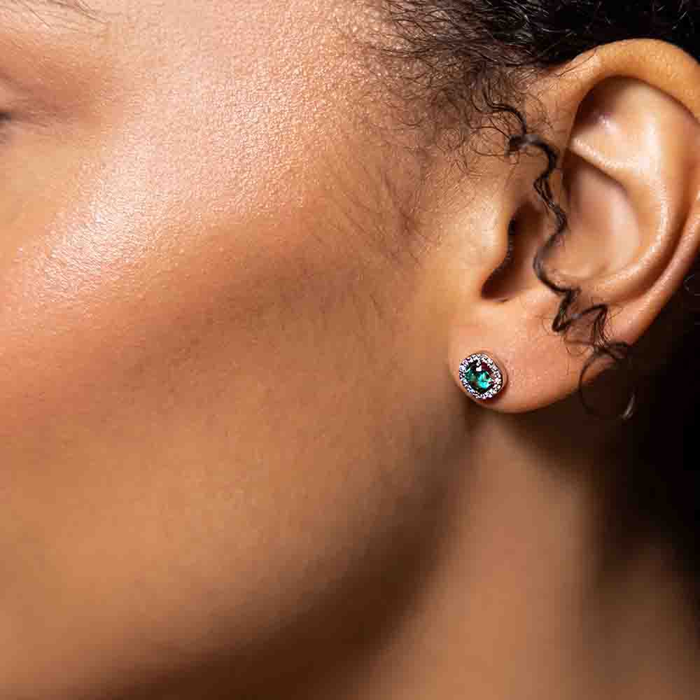 Diamond Halo Emerald Cushion Earrings - .60ctw Cushion Cut Lab Grown Emeralds