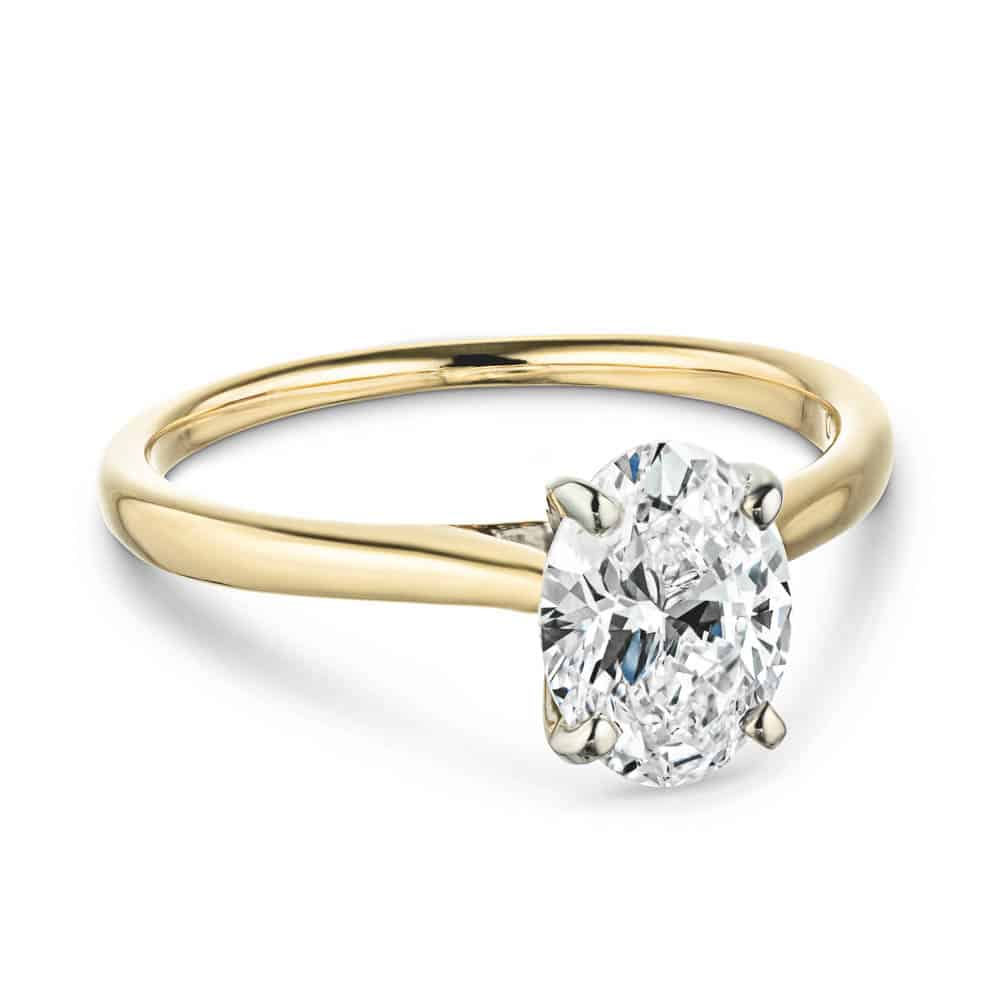 Set with a 2.5ct oval cut lab grown diamond in 14k yellow gold|Stackable solitaire engagement ring with 2.5ct oval cut lab grown diamond in 14k yellow gold