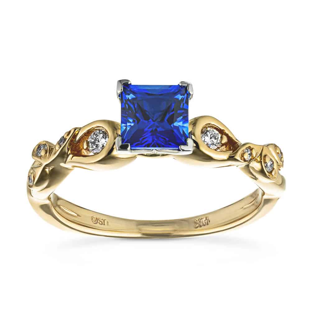Shown with 1ct Princess Cut Lab Grown Blue Sapphire in 14k Yellow Gold