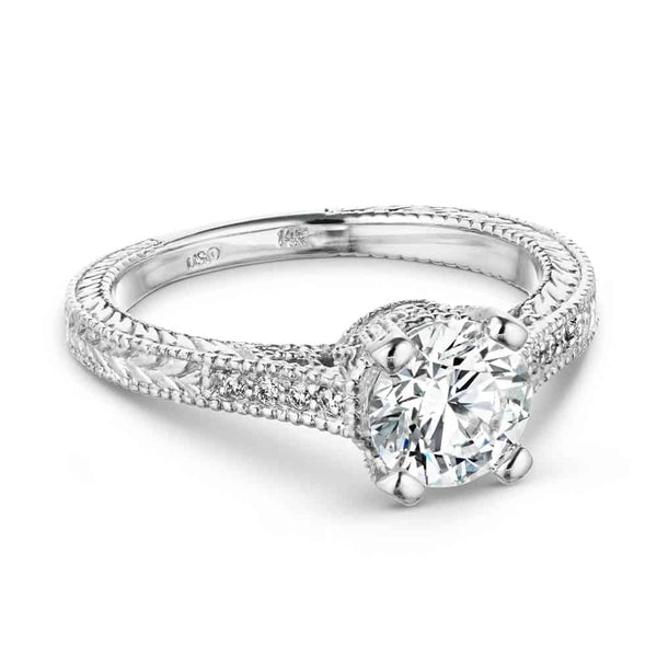 Shown with 1ct Round Cut Lab Grown Diamond in 14k White Gold|Antique style diamond accented engagement ring with 1ct round cut lab grown diamond in 14k white gold filigree detailed band