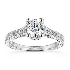 Beautiful antique style diamond accented engagement ring with 1ct round cut lab grown diamond in 14k white gold filigree detailed band