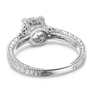 Antique style diamond accented engagement ring with 1ct round cut lab grown diamond in 14k white gold filigree detailed band shown from back