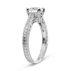 Antique style diamond accented engagement ring with 1ct round cut lab grown diamond in 14k white gold filigree detailed band shown from side
