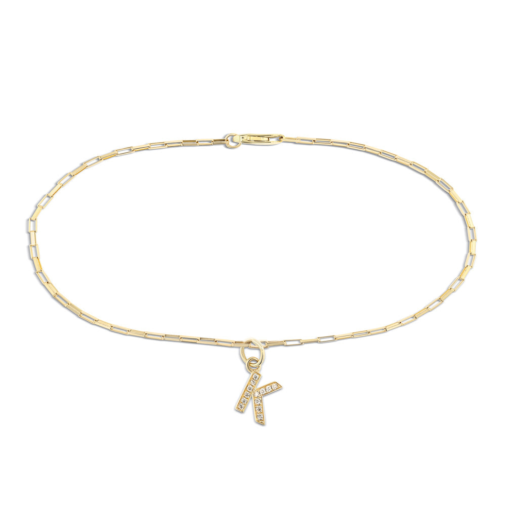 Shown in 14K Yellow Gold|elongagated box chain initial bracelet in yellow gold with lab grown diamonds from MiaDonna