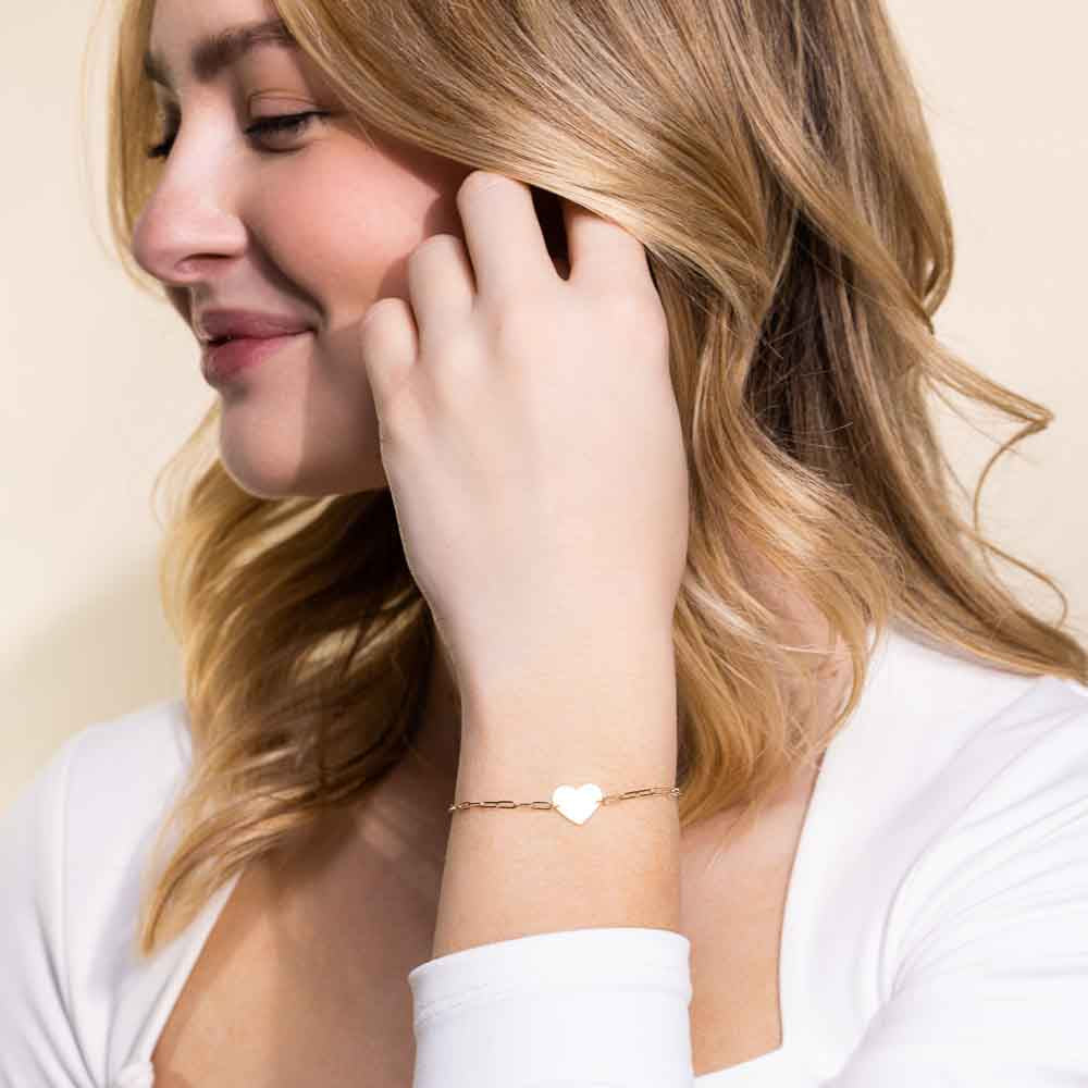 Shown in 14K Yellow Gold|Petite paperclip chain bracelet with engravable heart in 14 carat yellow gold by MiaDonna