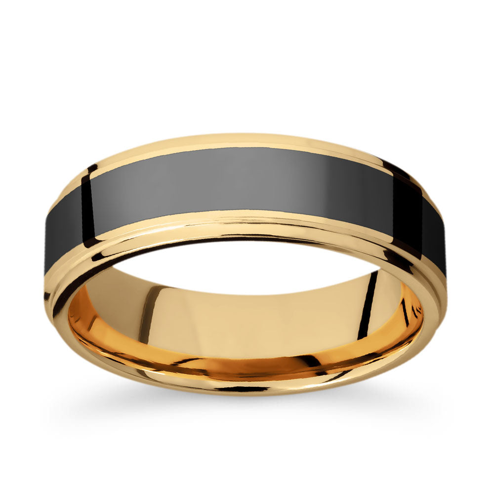 Elysium Lab Grown Diamond Band shown here with reverse inlay in 14K Yellow Gold|elysium pressed lab grown diamond mens wedding band with reverse inlay in 14k yellow gold