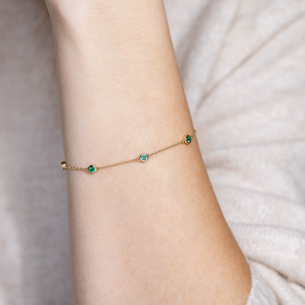  Shown in 14K Yellow Gold|Lab Created Emerald Gemstone in Bezel Station Chain Bracelet in 14 carat yellow gold by MiaDonna 