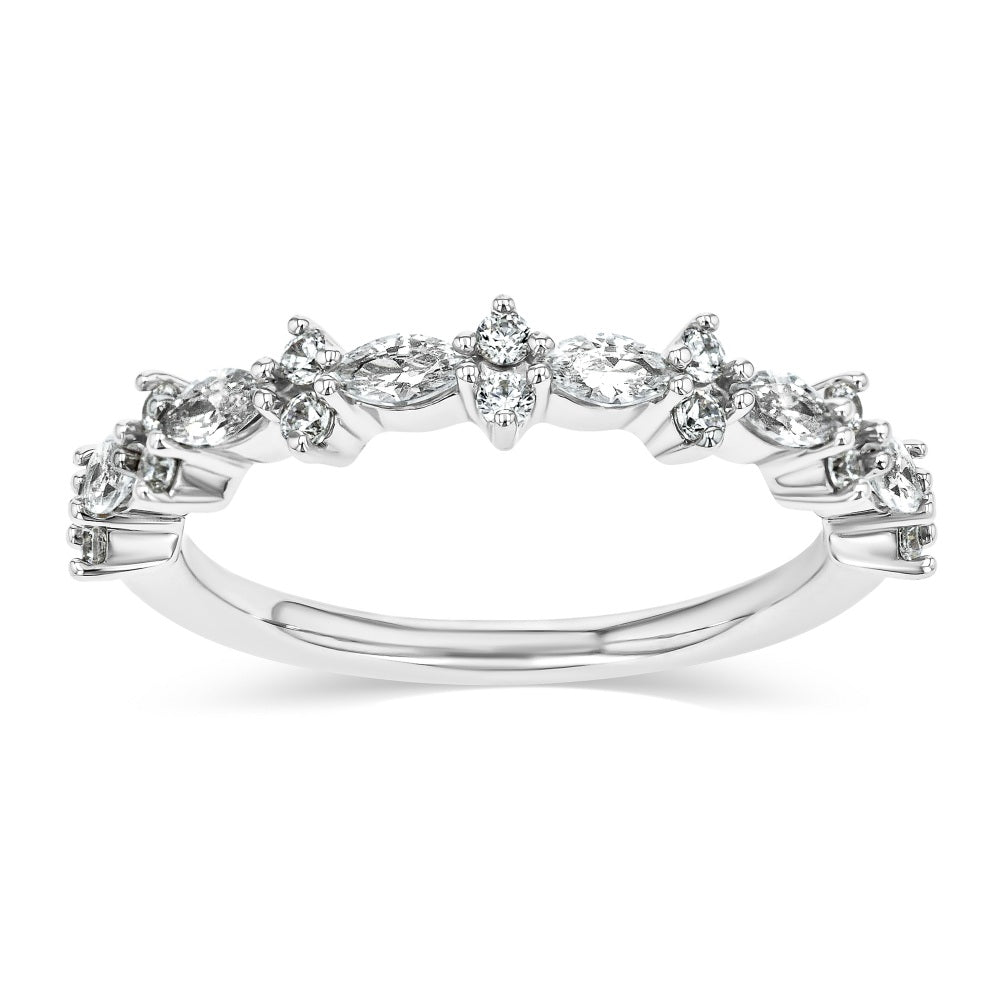 Shown in 14K White Gold|round cut and marquise cut lab grown diamond accented wedding band set in 14k white gold recycled metal