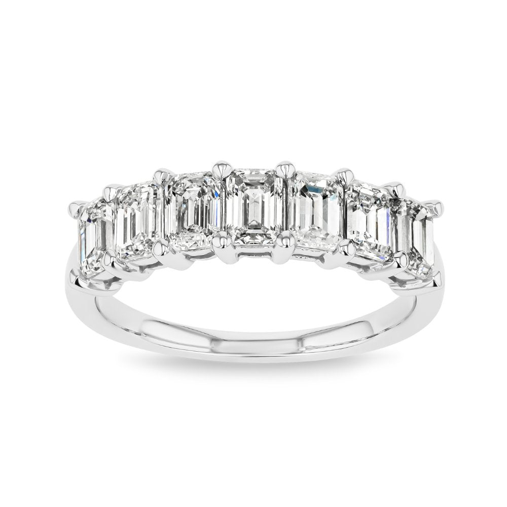 Shown in 14K White Gold|emerald cut lab grown diamond band in 14k white gold recycled metal