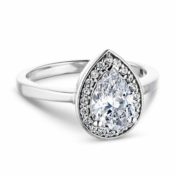 Shown with 1ct Pear Cut Lab Grown Diamond in 14k White Gold|Diamond halo engagement ring with 1ct pear cut lab grown diamond set in 14k white gold