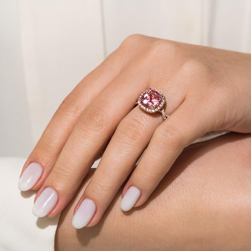 Shown with 1ct Cushion Cut Lab Grown Pink Sapphire in 14k Rose Gold