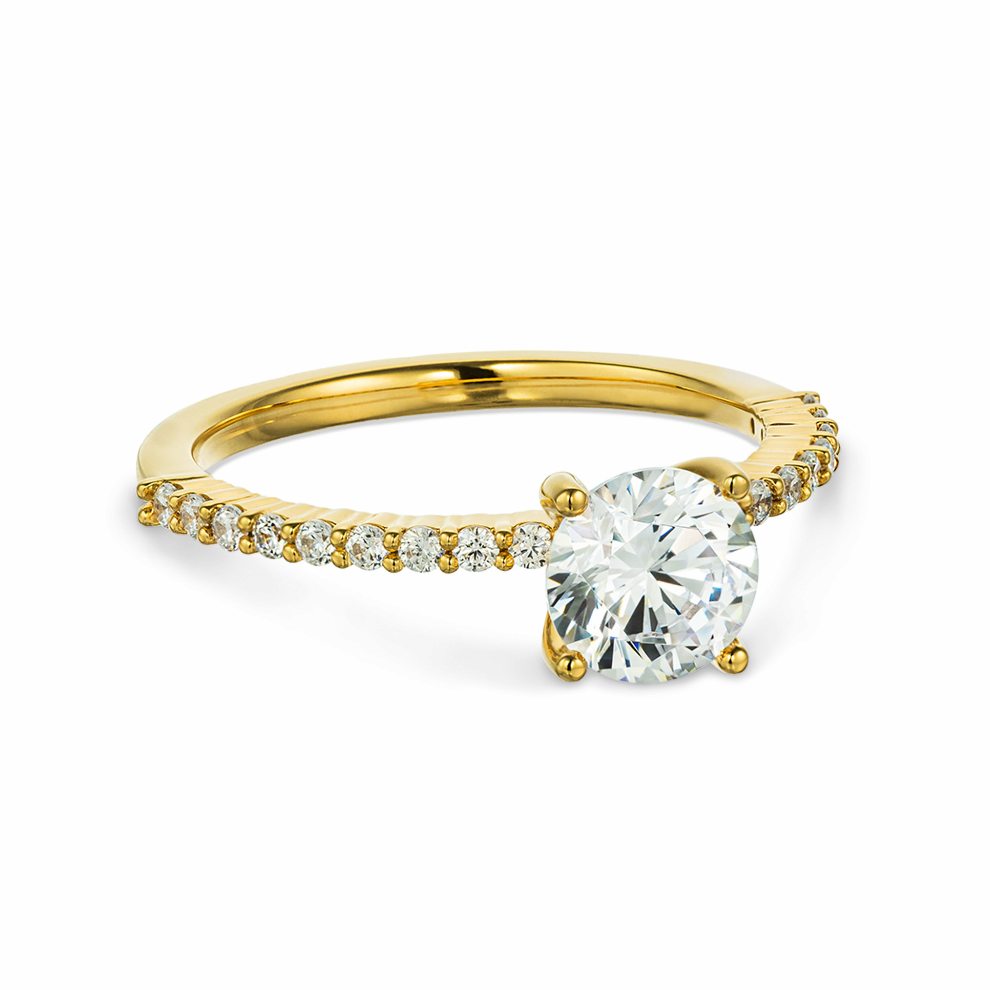 Shown with a 1ct Round cut Lab Grown Diamond in 14k Yellow Gold