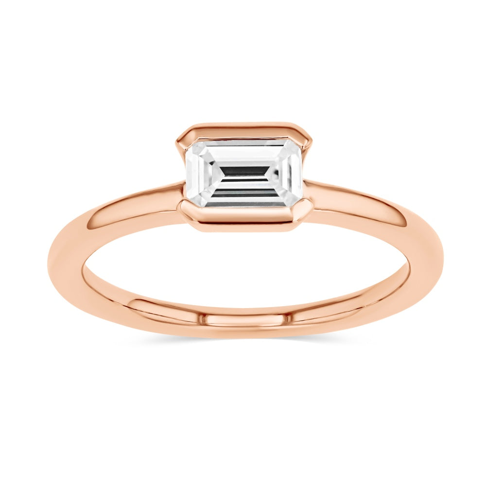 Shown here with a 0.75ct Emerald Cut Lab Grown Diamond center stone in 14K Rose Gold