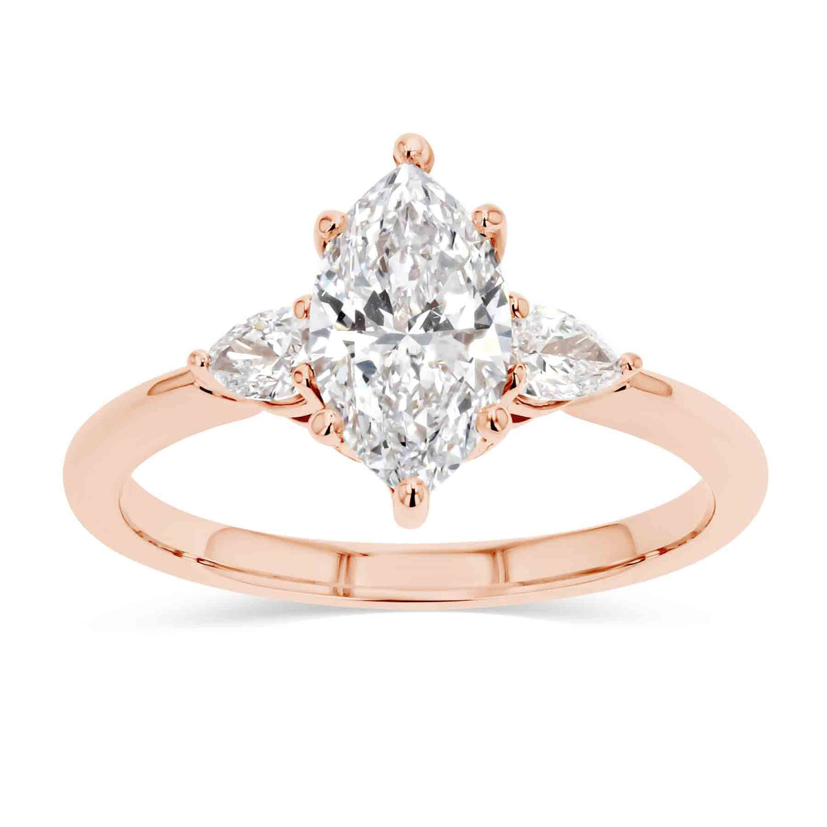 Flourish Three Stone Engagement Ring with a 1.15ct Lab-Grown Diamond center stone set in 14K Rose Gold