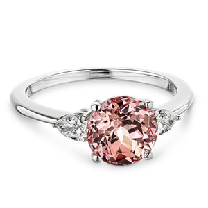 Beautiful lab grown champagne pink sapphire engagement ring with pear cut side stones in 14k white gold