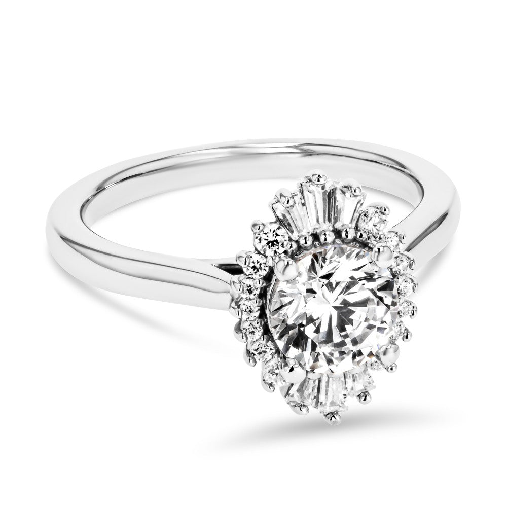 Shown here with a 1.0ct Round Cut Lab Grown Diamond center stone in 14K White Gold|diamond halo engagement ring with lab grown diamonds set on 14k white gold plain metal band