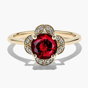 diamond accented halo engagement ring with ruby lab created gemstone in 14k yellow gold