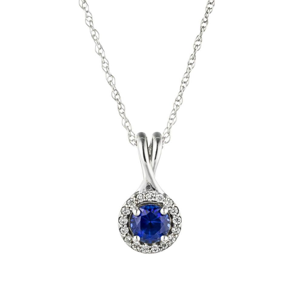 Halo Twist Pendant with a Round Blue Sapphire in 14K white gold | halo blue sapphire pendant in gold