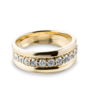 Diamond accented fashion ring with round cut lab grown diamonds in 14k yellow gold with tapered edges