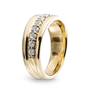 Modern diamond accented fashion ring with round cut lab grown diamonds in 14k yellow gold shown from side