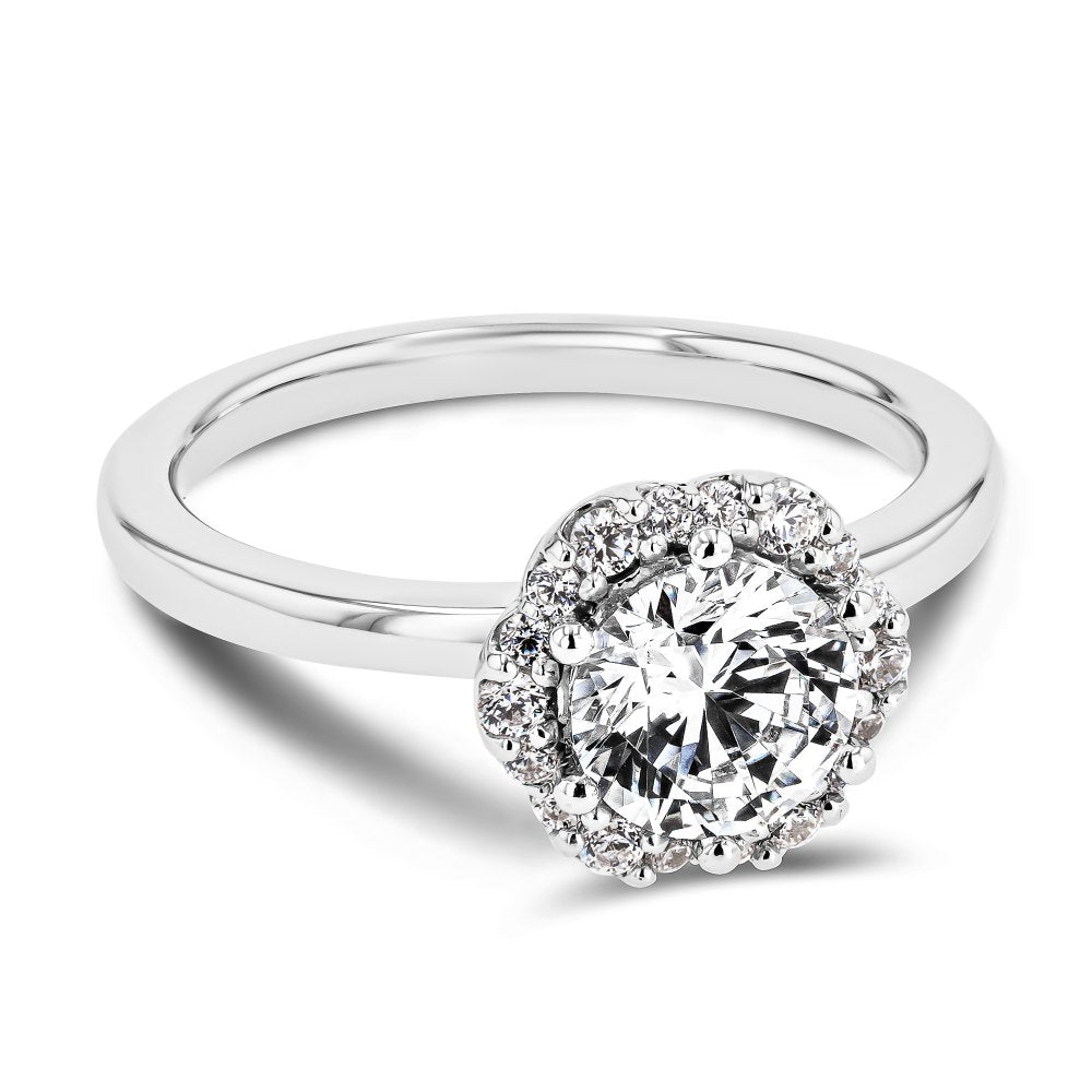 Shown here with a 1.0ct Round Cut Lab Grown Diamond center stone in 14K White Gold