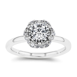 diamond halo engagement ring with round cut lab grown diamond center stone set in 14k white gold metal