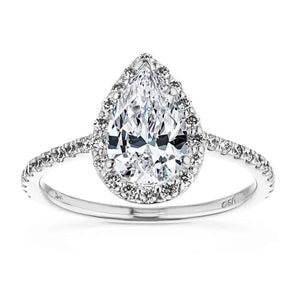 Beautiful diamond accented halo tear drop engagement ring with 1ct pear cut lab grown diamond in 14k white gold