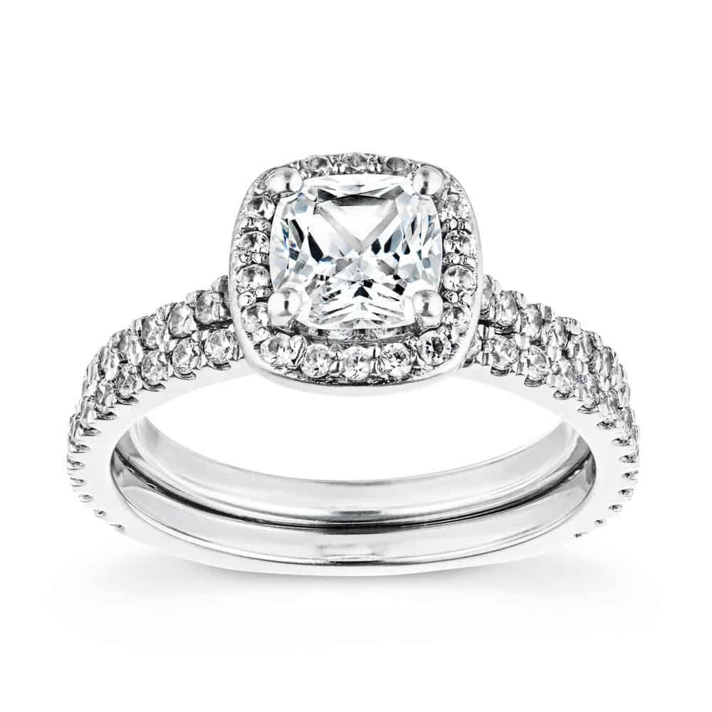 Shown with a 1.0ct cushion cut Lab-Grown Diamond in recycled 14K white gold with matching wedding band 