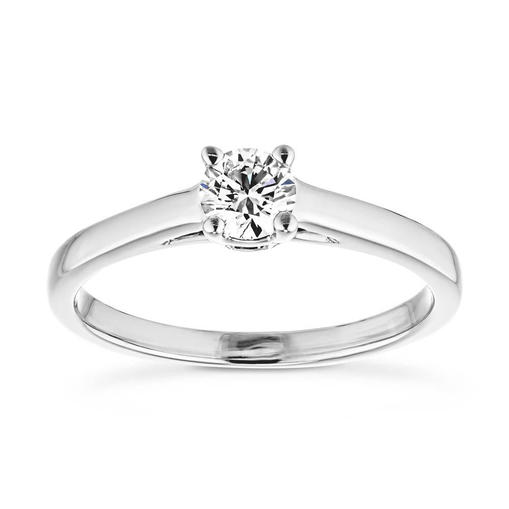 Shown with 0.6ct Round Cut Lab Grown Diamond in 14k White Gold