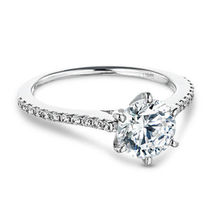 Classic diamond accented engagement ring with 1ct round cut lab grown diamond set in 6 prong 14k white gold setting