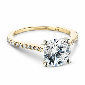 Stackable diamond accented engagement ring with 1.5ct round cut lab grown diamond in 14k yellow gold