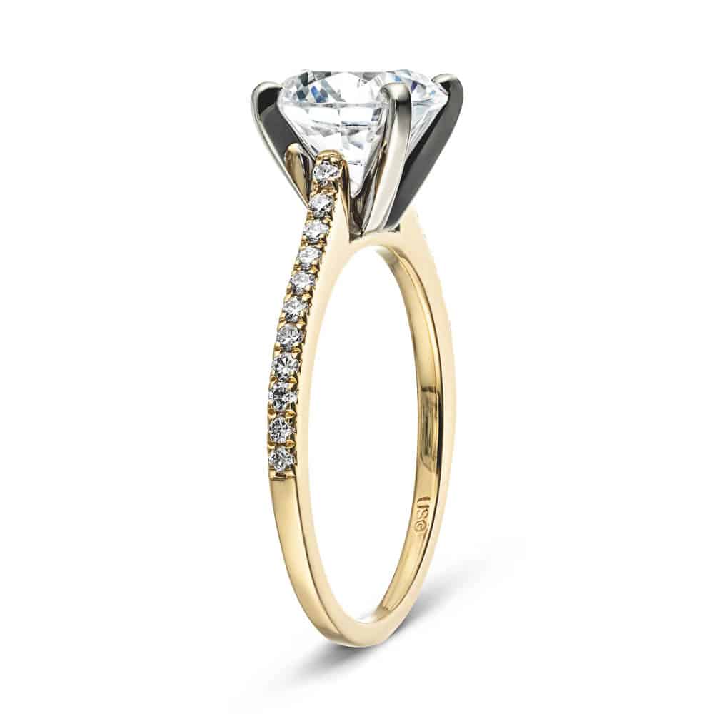 Shown with 1.5ct Round Cut Lab Grown Diamond in 14k Yellow Gold|Stackable diamond accented engagement ring with 1.5ct round cut lab grown diamond in 14k yellow gold