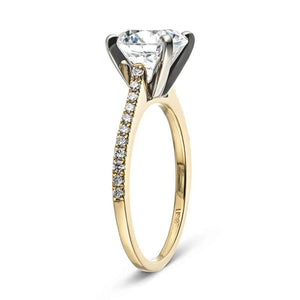 Stackable diamond accented engagement ring with 1.5ct round cut lab grown diamond in 14k yellow gold shown from side