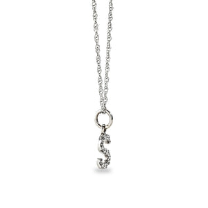 dangle view of S Initial pendant in 14 carat white gold embedded with  lab grown diamonds from MiaDonna