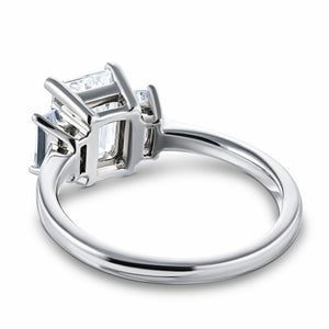 Basket set three stone ring with lab grown diamonds in 14k white gold shown from back
