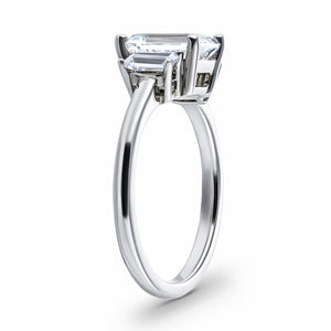Basket set three stone ring with lab grown diamonds in 14k white gold shown from side