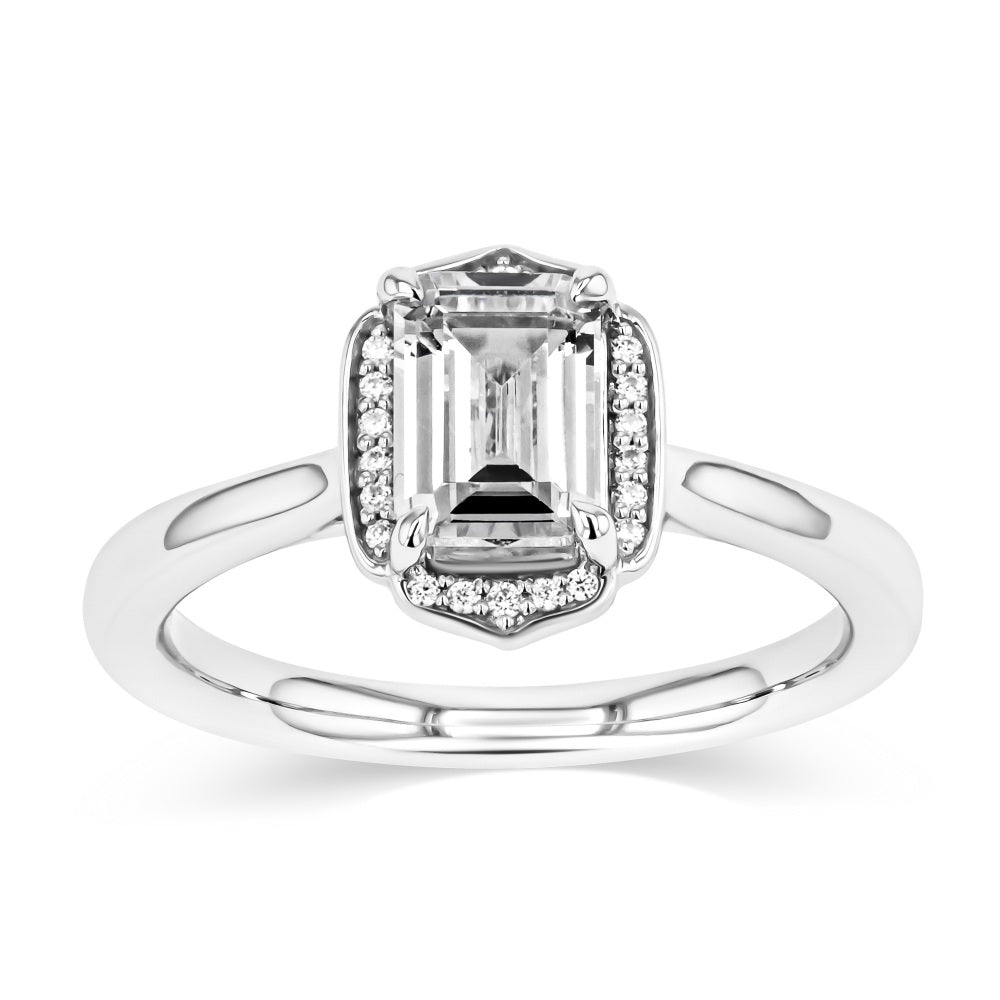 Shown here with a 1.0ct Emerald Cut center stone in 14K White Gold