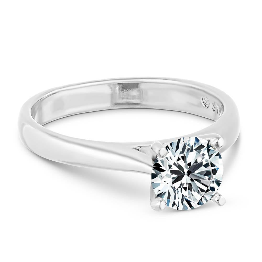 Shown with 1ct Round Cut Lab Grown Diamond in 14k White Gold|Simple solitaire engagement ring with 1ct round cut lab grown diamond in 14k white gold