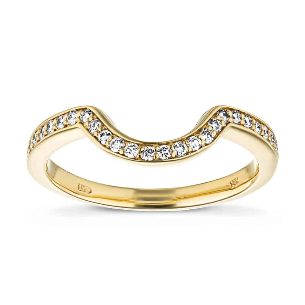 Curved diamond accented wedding band in recycled 14K yellow gold to fit Katherine Engagement ring 