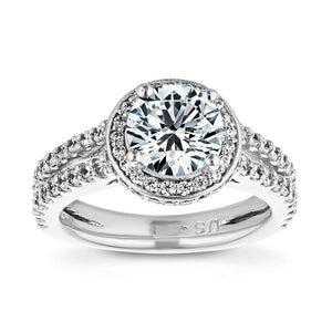 Kenya vintage style diamond accented split shank halo engagement ring with 1.5ct round cut lab grown diamond in 14k white gold