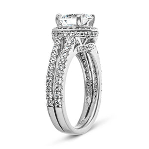 Diamond accented split shank halo engagement ring with 1.5ct round cut lab grown diamond in 14k white gold shown from side