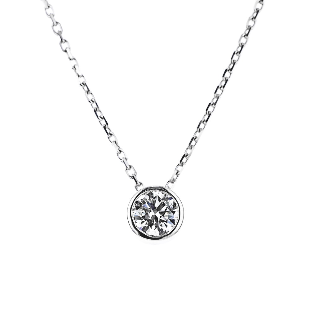 Bezel Pendant shown in recycled 14K white gold with a 0.40ct round cut Lab Created Diamond | Bezel Pendant recycled 14K white gold 0.40ct round Lab Created Diamond