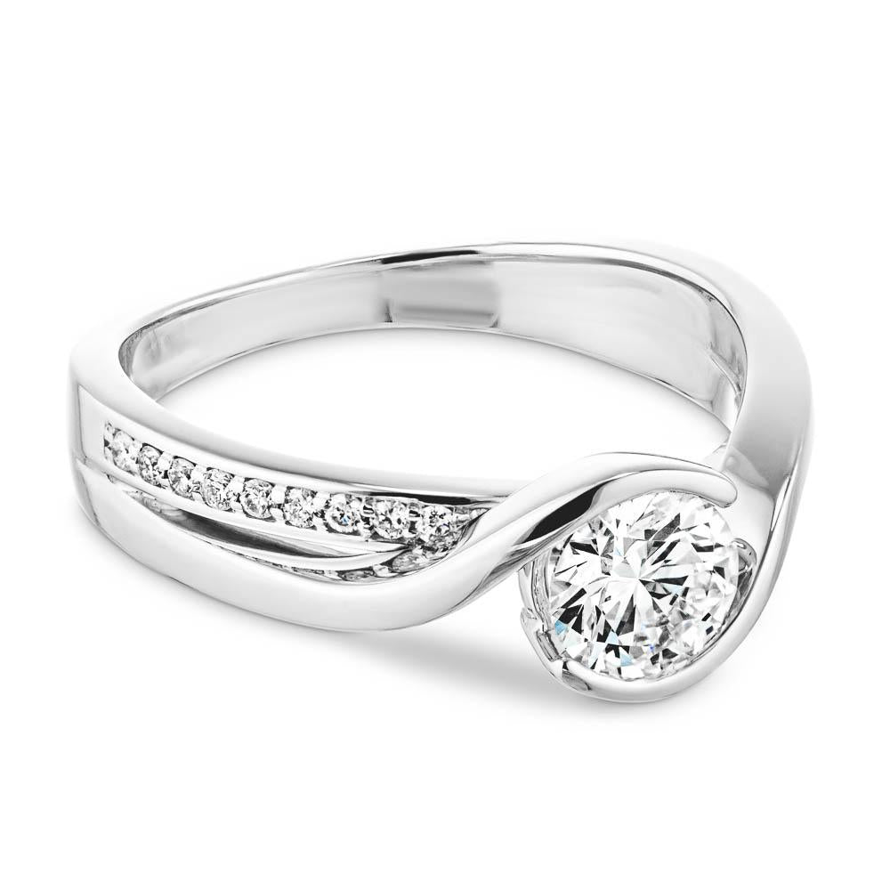 Shown with 1ct Round Cut Lab Grown Diamond in 14k White Gold|Modern two tone engagement ring with diamond accented split shank and half bezel set 1ct round cut lab grown diamond in 14k white gold