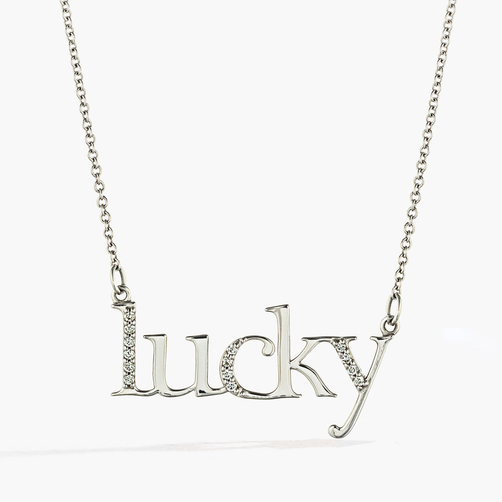 Lucky Necklace set with recycled diamonds in 14K white gold | lucky diamond accented necklace in gold