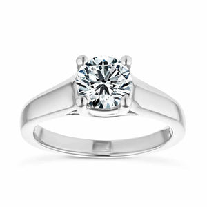 Ethical solitaire engagement ring with trellis style set 1ct round cut lab grown diamond in a wide 14k white gold band