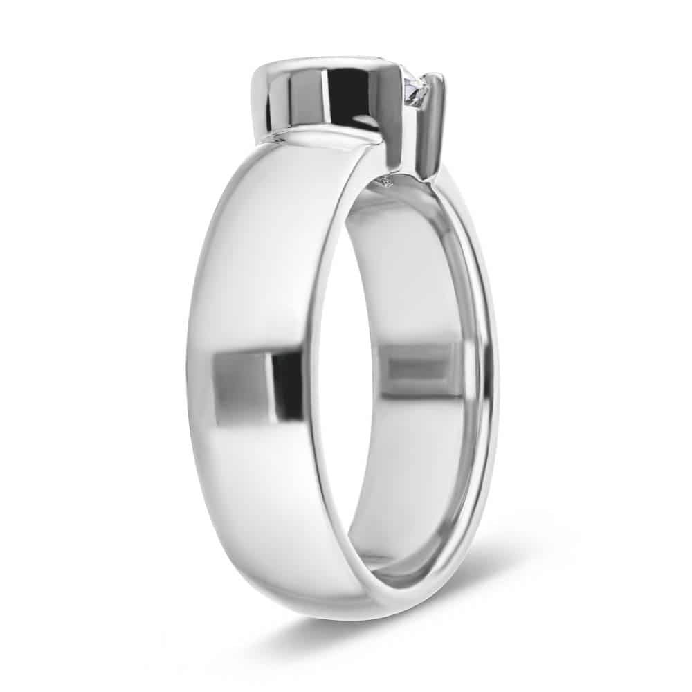 Shown with 1ct Round Cut Lab Grown Diamond in 14k White Gold|Unique minimalistic modern solitaire engagement ring with half bezel set 1ct round cut lab grown diamond in 14k white gold