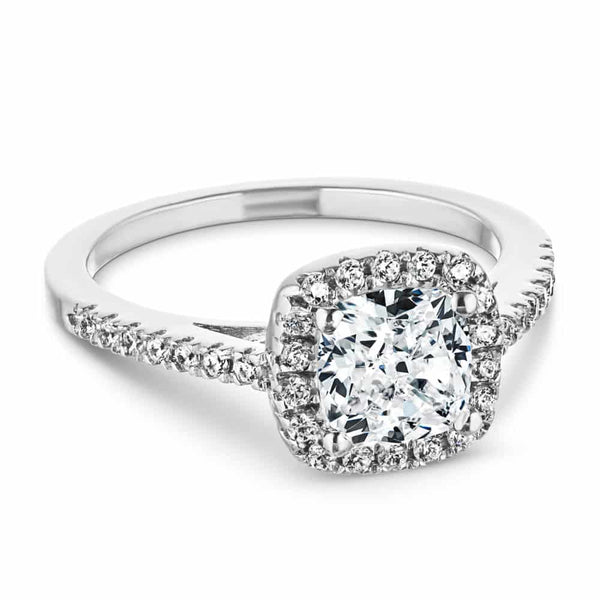 Shown with 1ct Cushion Cut Lab Grown Diamond in 14k White Gold|Vintage style diamond accented cushion shaped halo engagement ring with 1ct lab grown diamond in 14k white gold setting